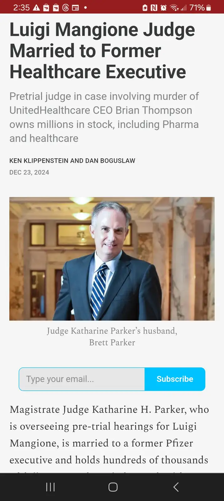 A screenshot of a news article about Judge Katharine Parker's husband, Brett Parker, who is identified as a former Pfizer…
