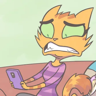 An orange cartoon cat with green eyes and a frustrated expression sits on a couch holding a purple smartphone. The cat's…