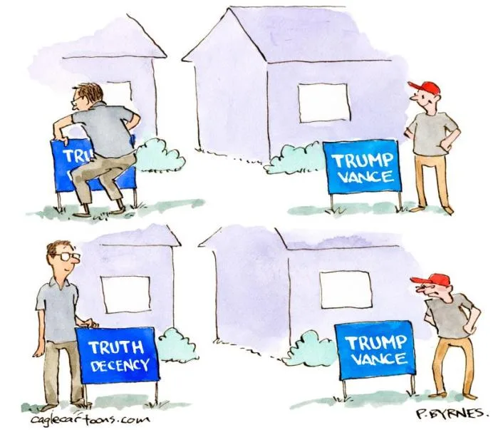 A four-panel cartoon shows a man in a red cap standing by a house with a 'TRUMP VANCE' sign. In the first panel, another man…
