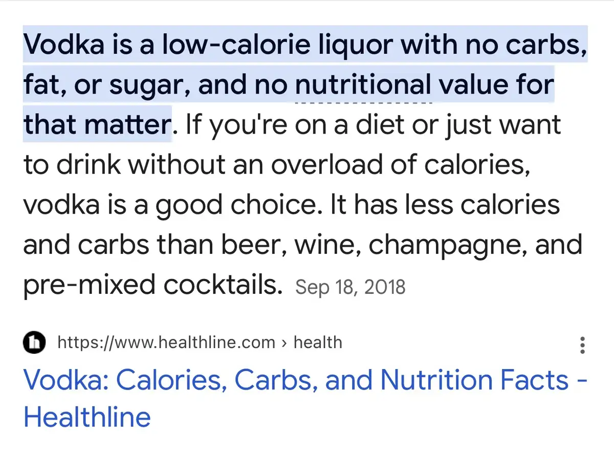 A screenshot of a Healthline article snippet from September 2018, highlighting the text 'Vodka is a low-calorie liquor with…