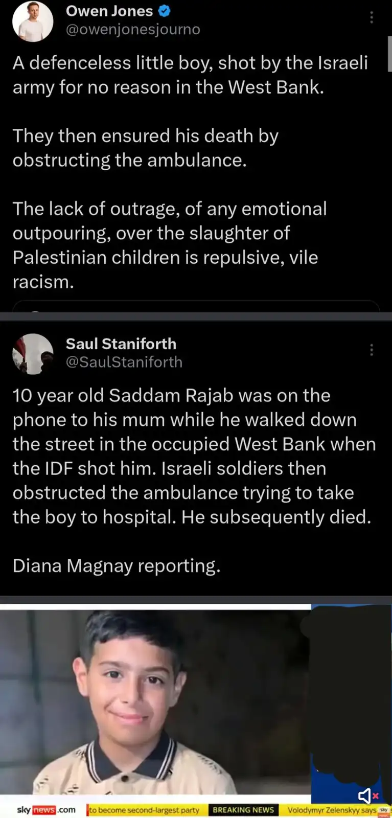 The image displays a screenshot of two Twitter posts above a photo of a young boy. The top post by Owen Jones condemns the…