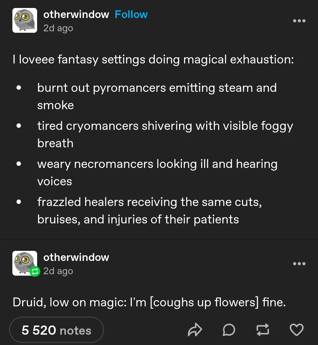 A Tumblr post by 'otherwindow' lists fantasy tropes for magical exhaustion: burnt pyromancers, shivering cryomancers, ill…