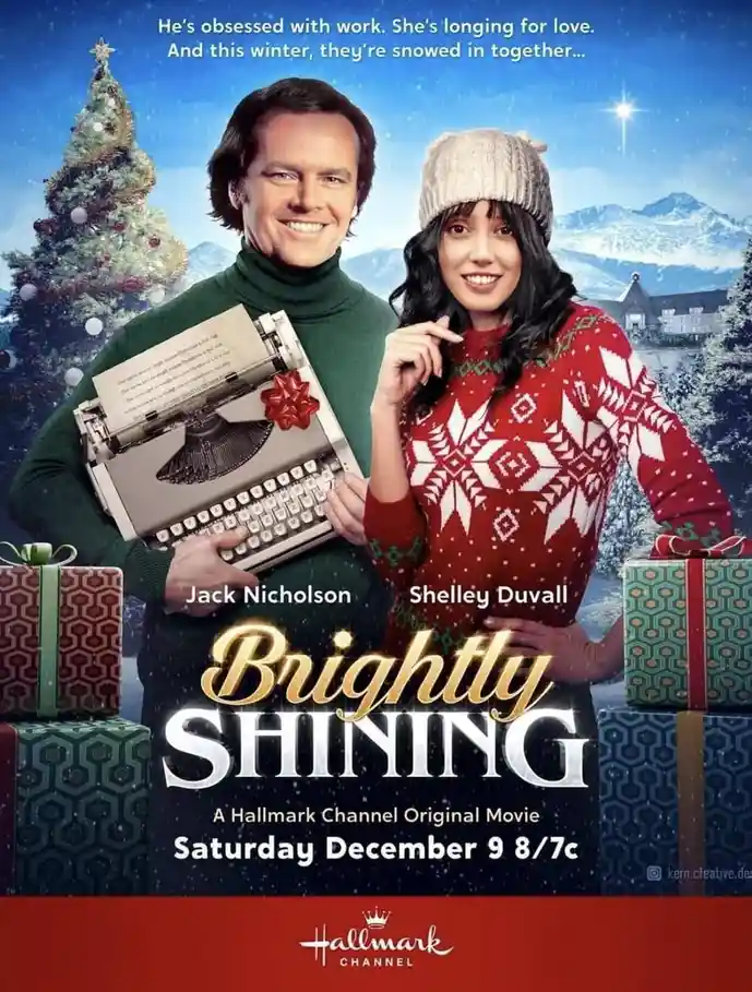 A Christmas movie poster parody featuring Jack Nicholson and Shelley Duvall in festive attire, with Nicholson holding a…