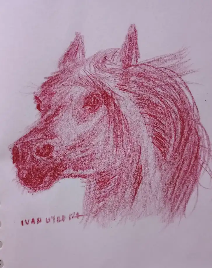 A red crayon sketch of a horse's head in profile on white paper, signed 'ivan uter 174' in the lower-left corner. The horse…