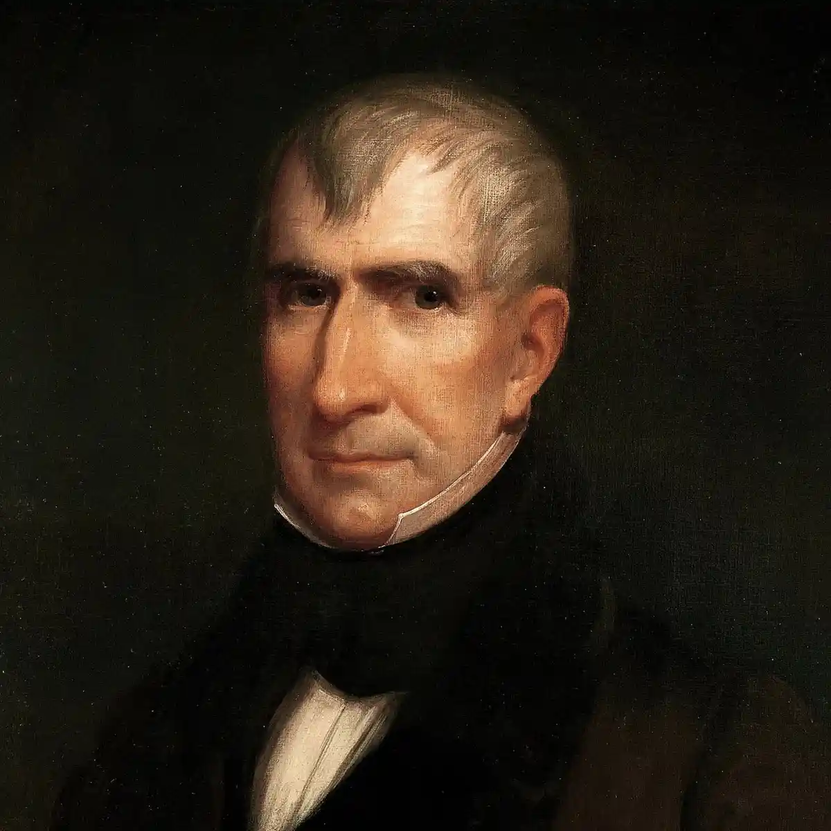 A classical portrait of a man with gray hair and a stern expression, wearing a dark coat and white cravat against a black…