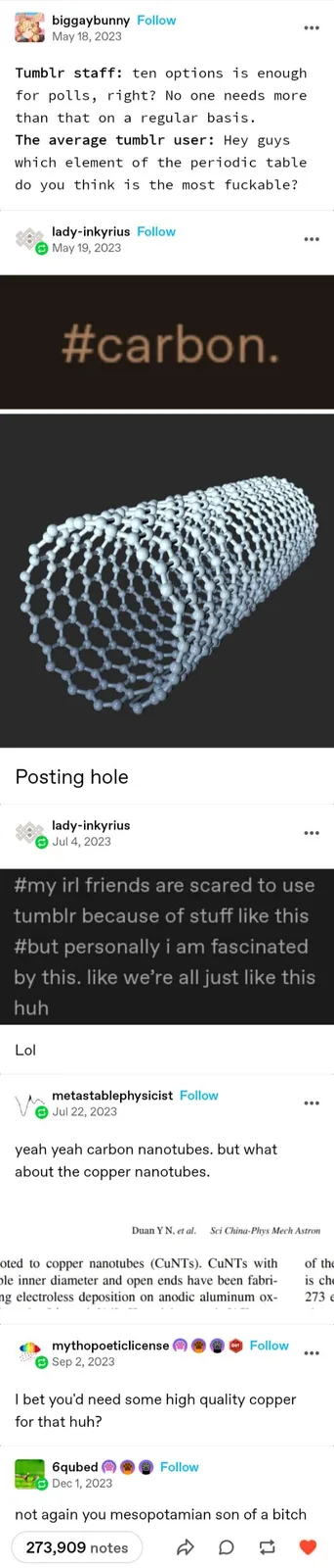 A screenshot of a Tumblr thread where users joke about poll options. One user asks which periodic table element is 'most…