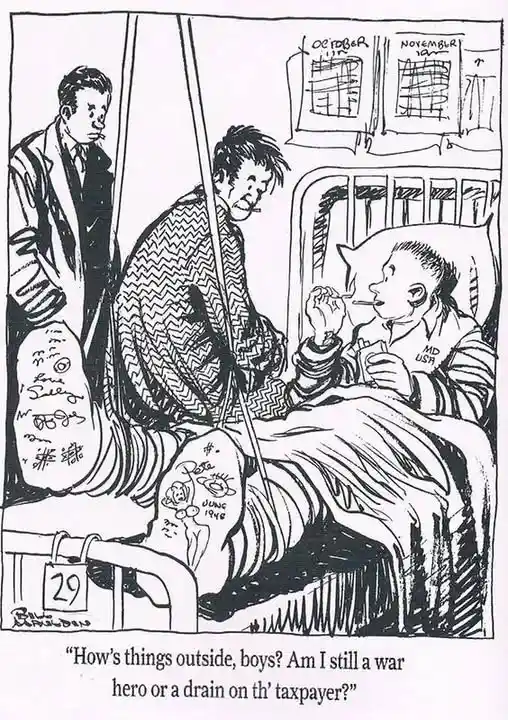 A black-and-white comic strip depicts a wounded soldier in a hospital bed, smoking a cigarette, with another soldier…