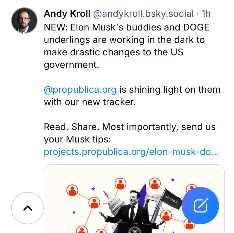 A screenshot of a social media post by Andy Kroll, featuring a graphic image of Elon Musk at a podium with the White House…