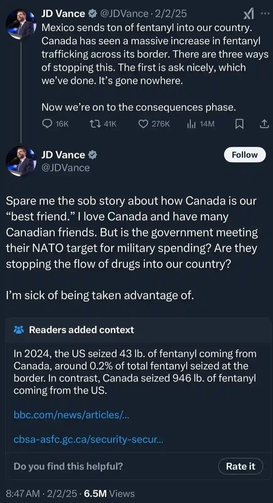 A screenshot of two tweets from JD Vance, where he criticizes Canada for drug trafficking and questions its military…