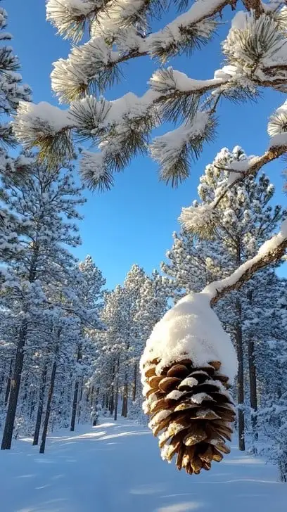 A snow-covered pinecone hangs from a snowy pine tree branch against a clear blue sky in a winter forest. The pinecone is…
