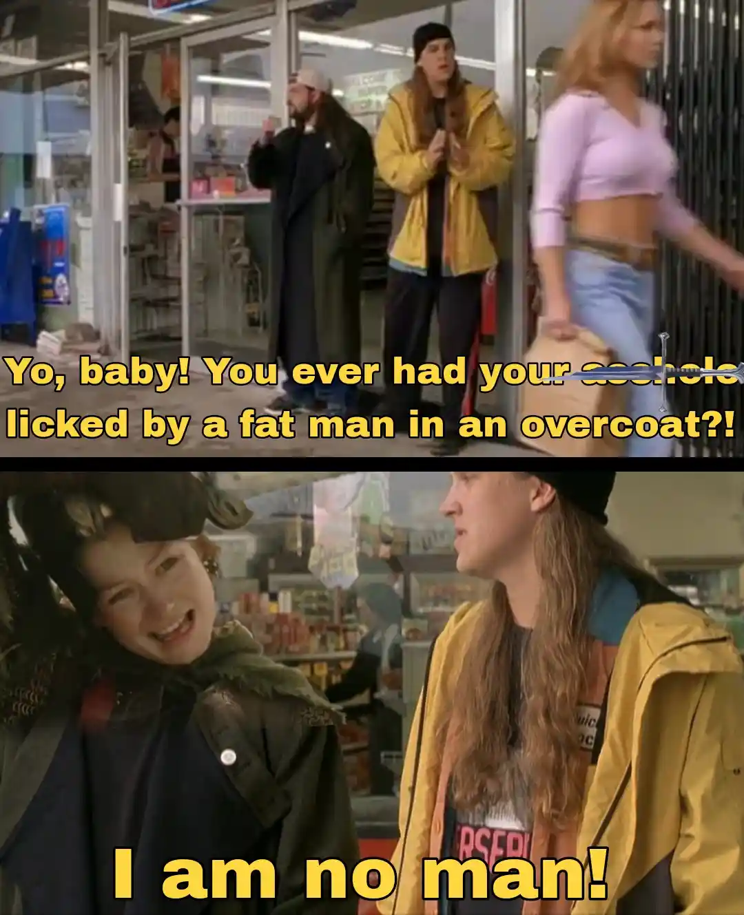 The top panel shows a woman walking past two men outside a store, one in a yellow jacket and one in a black overcoat, with…