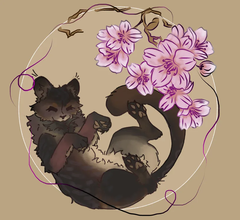 A cartoon raccoon is curled up asleep on its back, surrounded by pink cherry blossoms and decorative swirls within a…