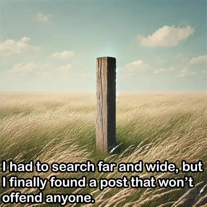 A solitary wooden fence post stands upright in a vast, golden grassy field under a pale blue sky with scattered clouds…