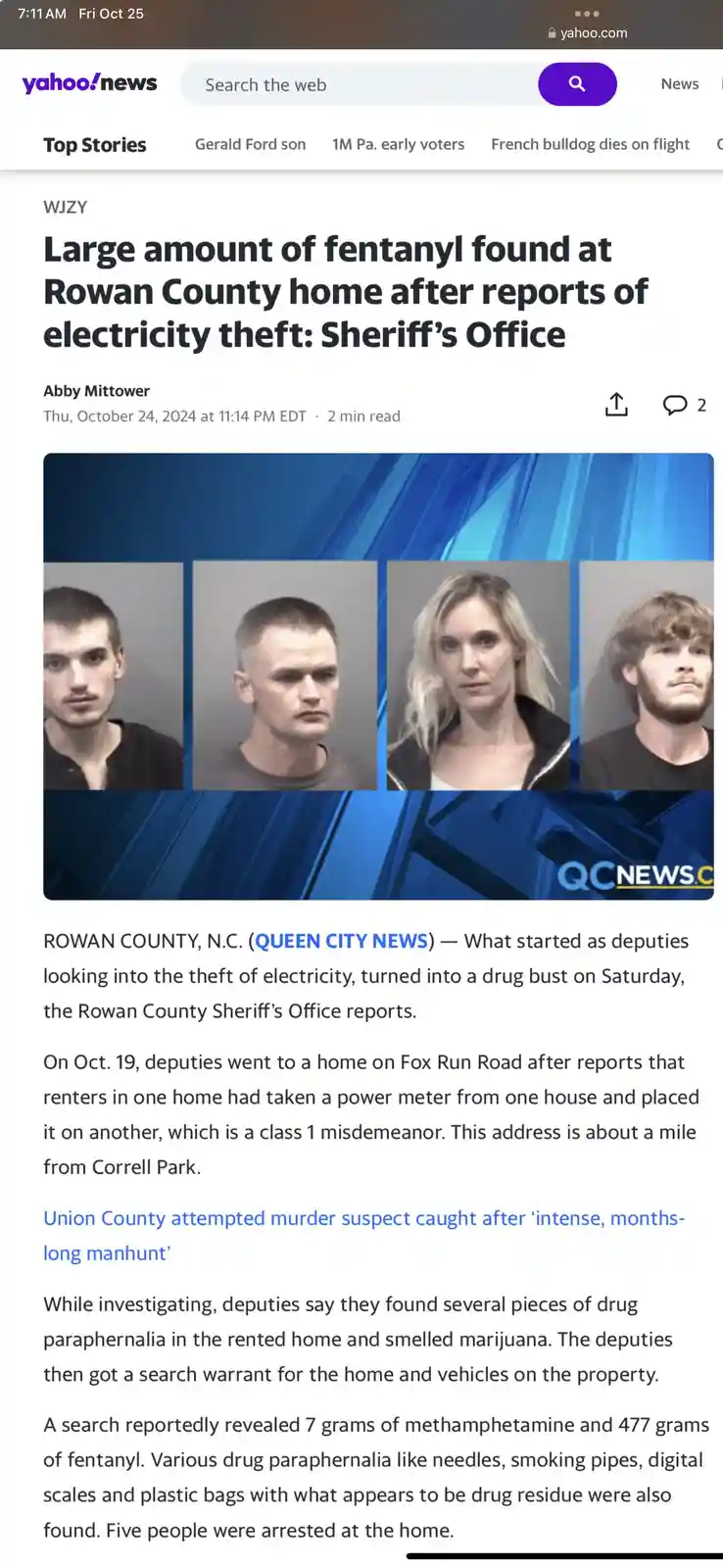 A screenshot of a Yahoo News article shows four mugshots of arrested individuals above a headline about a drug bust. The…
