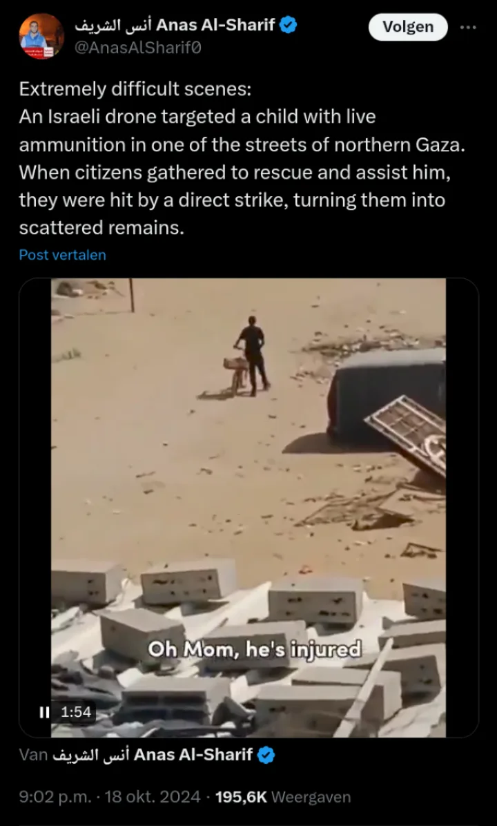 A screenshot of a Twitter post by Anas Al-Sharif showing a video clip of a person pushing a small cart through a…