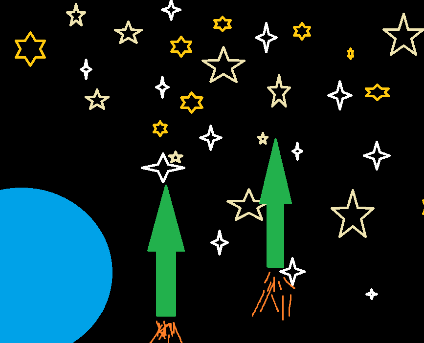 A cartoon-style image shows two green rocket ships launching upwards from a blue planet, leaving orange exhaust trails…