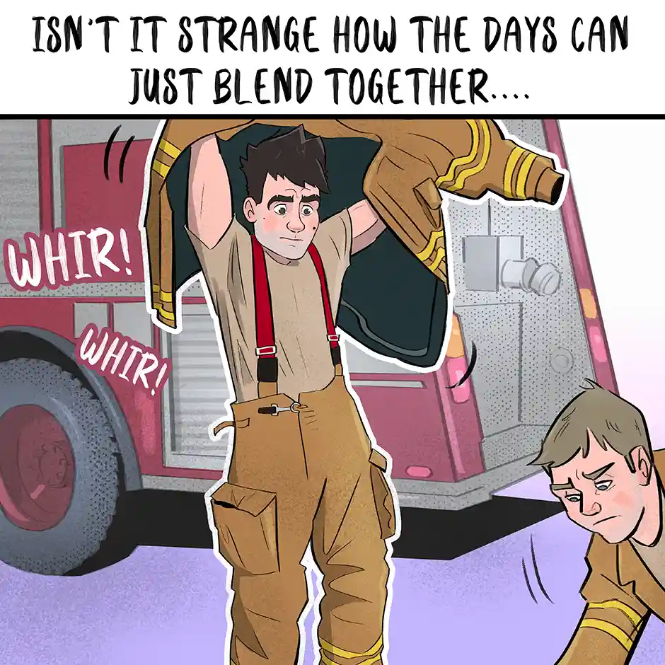An animated firefighter in tan overalls and red suspenders lifts his heavy turnout gear over his head, looking exhausted…