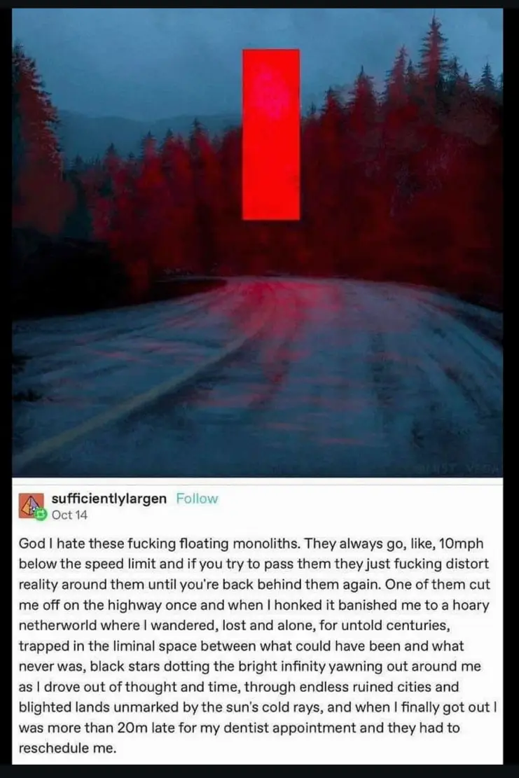 A screenshot of a social media post showing a dark, rainy road flanked by trees, with a large red rectangular object…