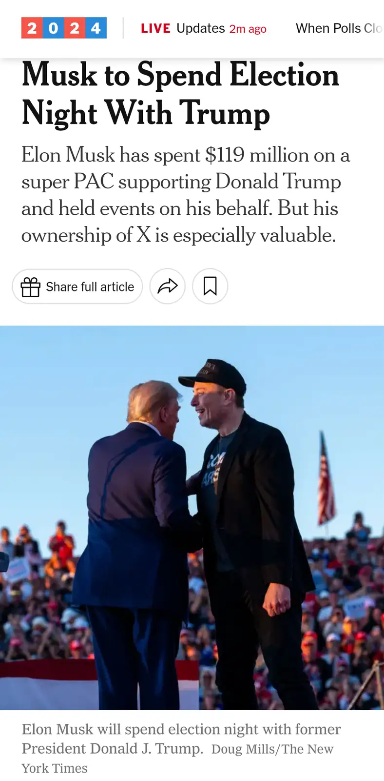 A screenshot of a news article from The New York Times with the headline 'Musk to Spend Election Night With Trump' and a…