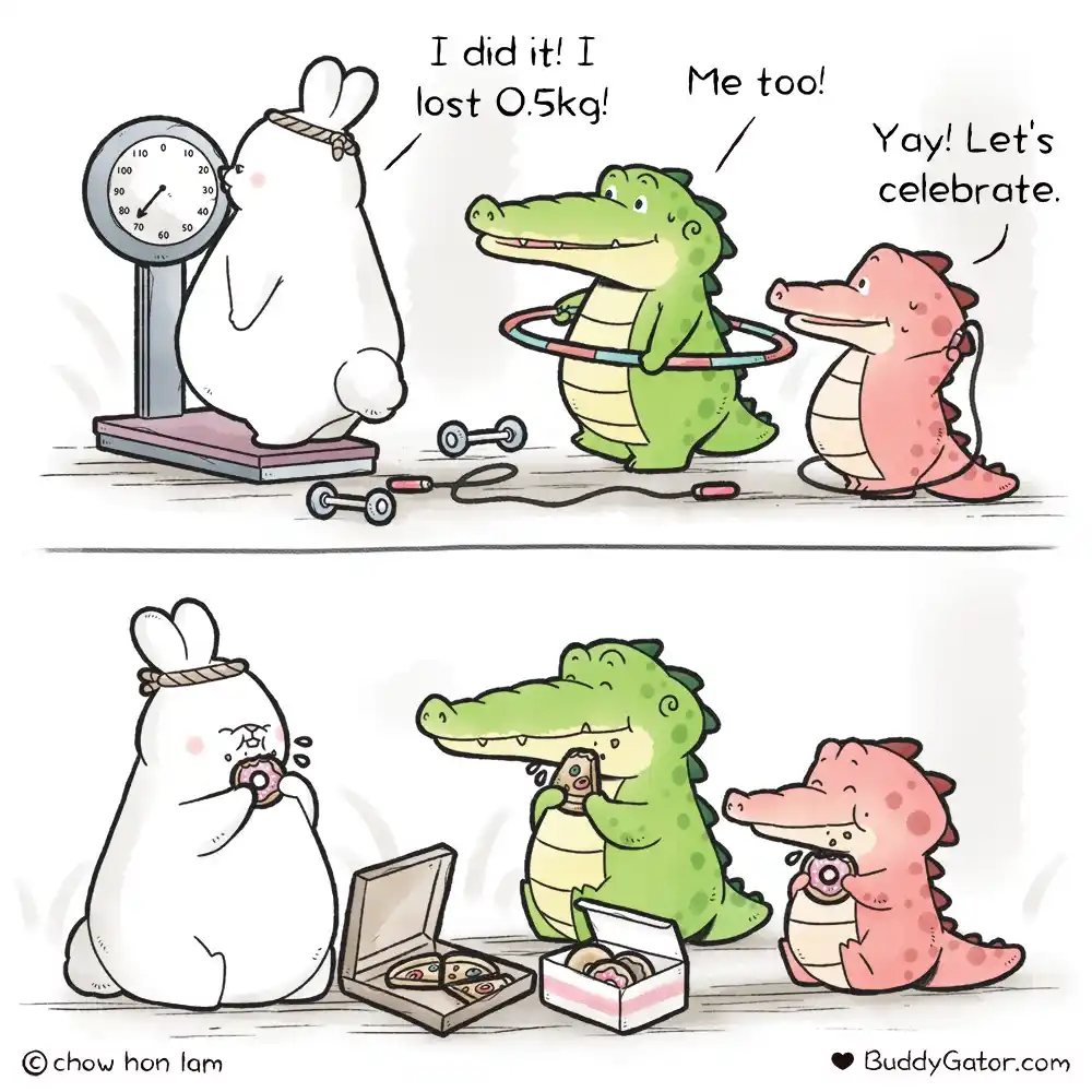 A cartoon rabbit celebrates losing 0.5kg on a scale, joined by two crocodiles who also lost weight and cheerfully plan to…