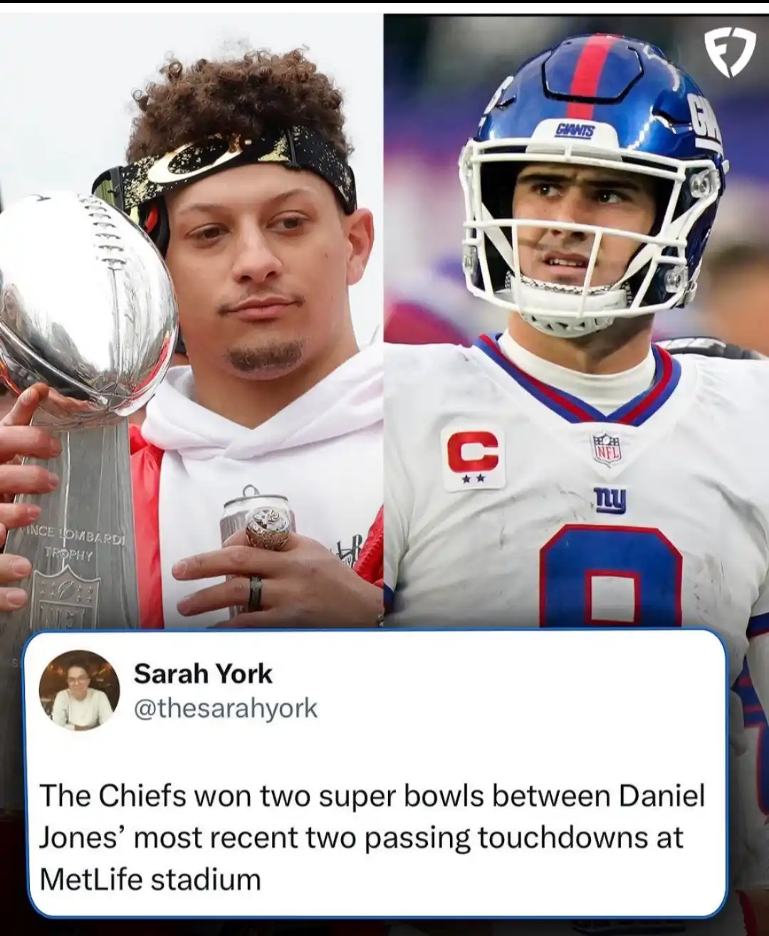 The image is a split-screen meme featuring Patrick Mahomes on the left holding the Vince Lombardi Trophy and wearing a…