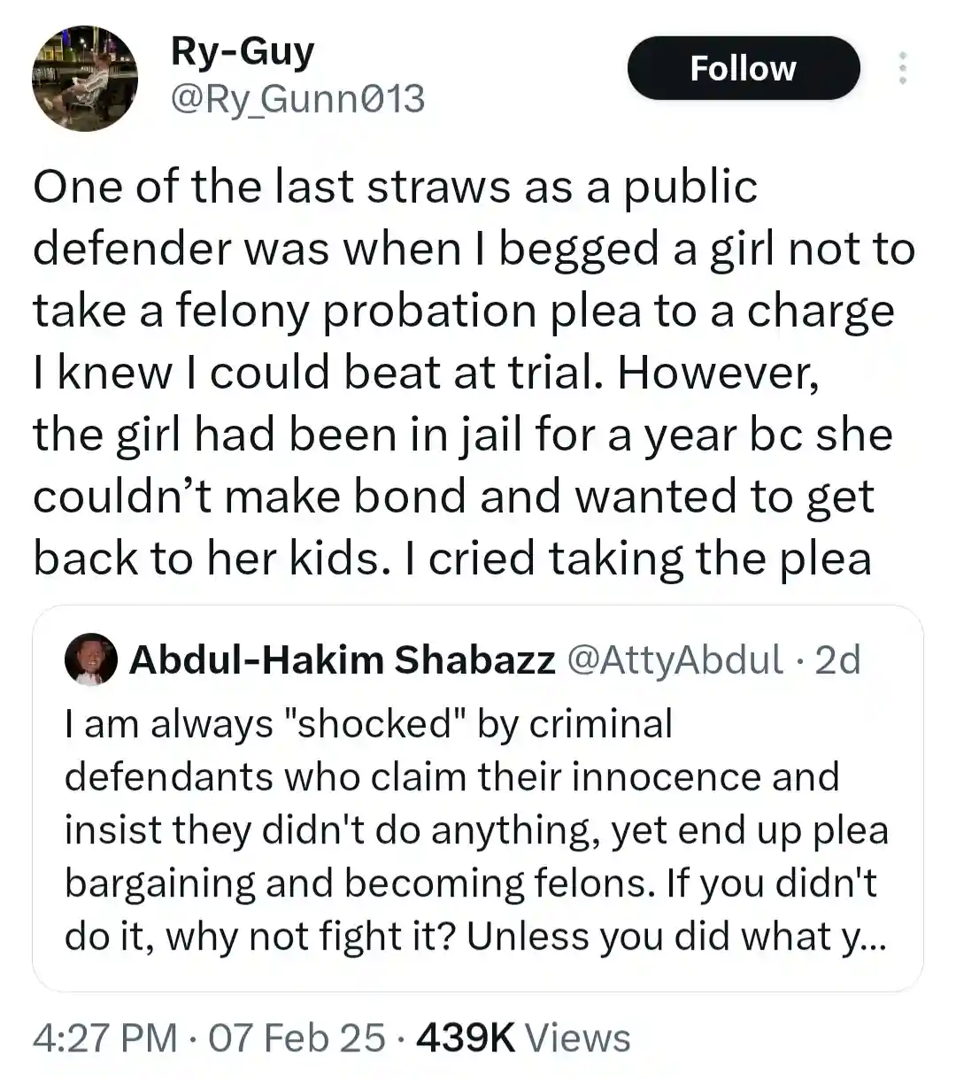 A screenshot of a Twitter thread where user Ry-Guy recounts crying while helping a jailed mother accept a felony plea to get…