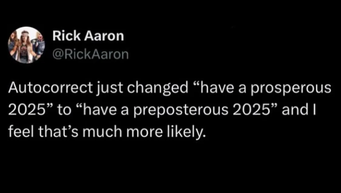 A screenshot of a tweet by Rick Aaron (@RickAaron) showing white text on a black background. The tweet humorously describes…