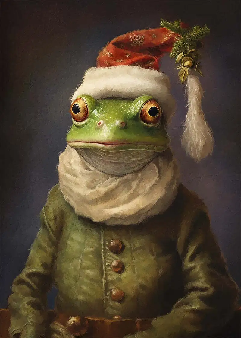 A green frog is depicted in a classical portrait style, wearing a red and white Santa hat adorned with pine and gold…