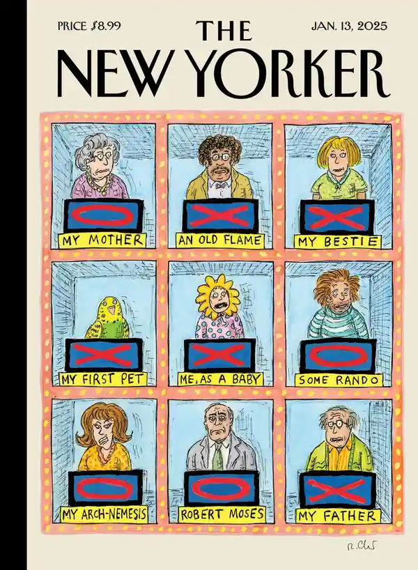 The image is a satirical New Yorker magazine cover parody showing nine people and a bird in separate framed panels, each…
