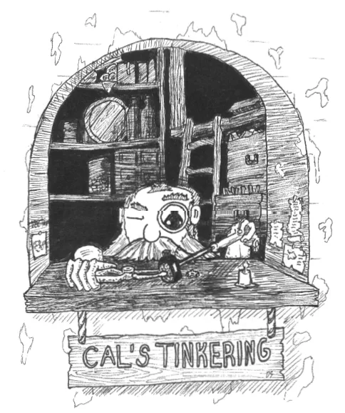 A black-and-white cartoon depicts a bearded, bespectacled man with a single eye in a large, round eyepiece, sitting at a…