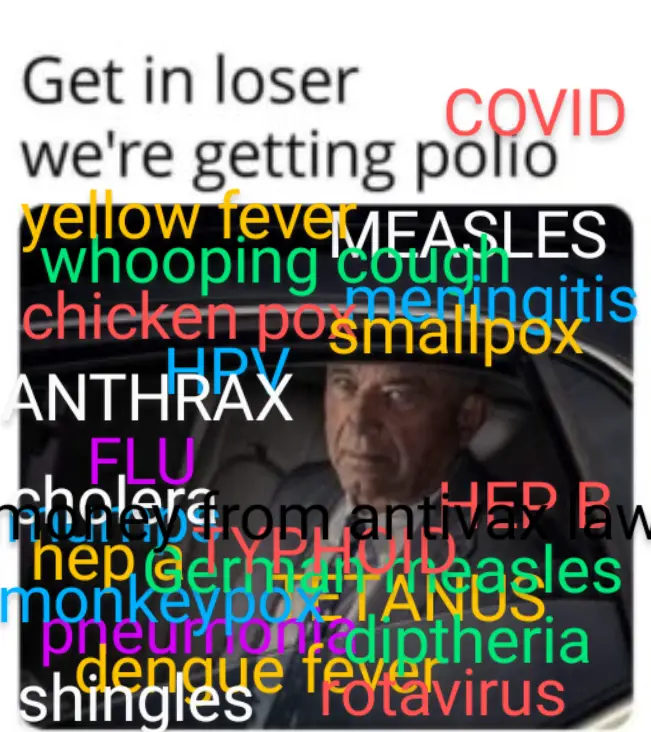 A man in a car looks annoyed as various disease names like 'COVID', 'MEASLES', 'HPV', 'FLU', and 'TETANUS' are overlaid in…