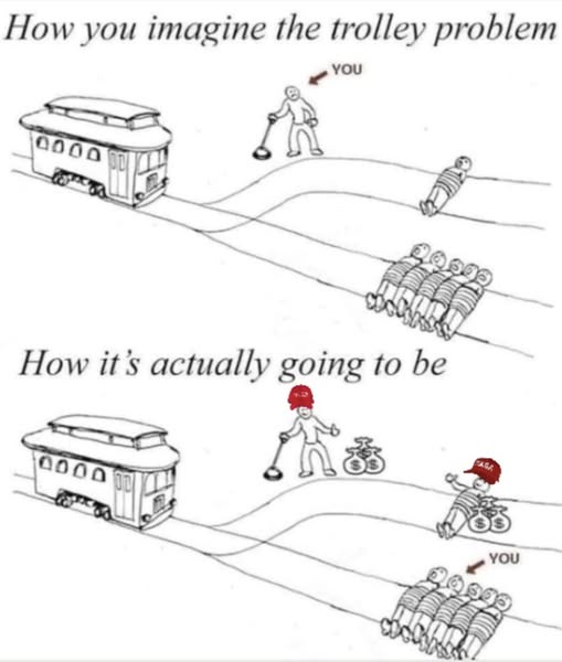 A two-panel black-and-white cartoon depicts a trolley problem. The top panel shows a trolley approaching a track switch…