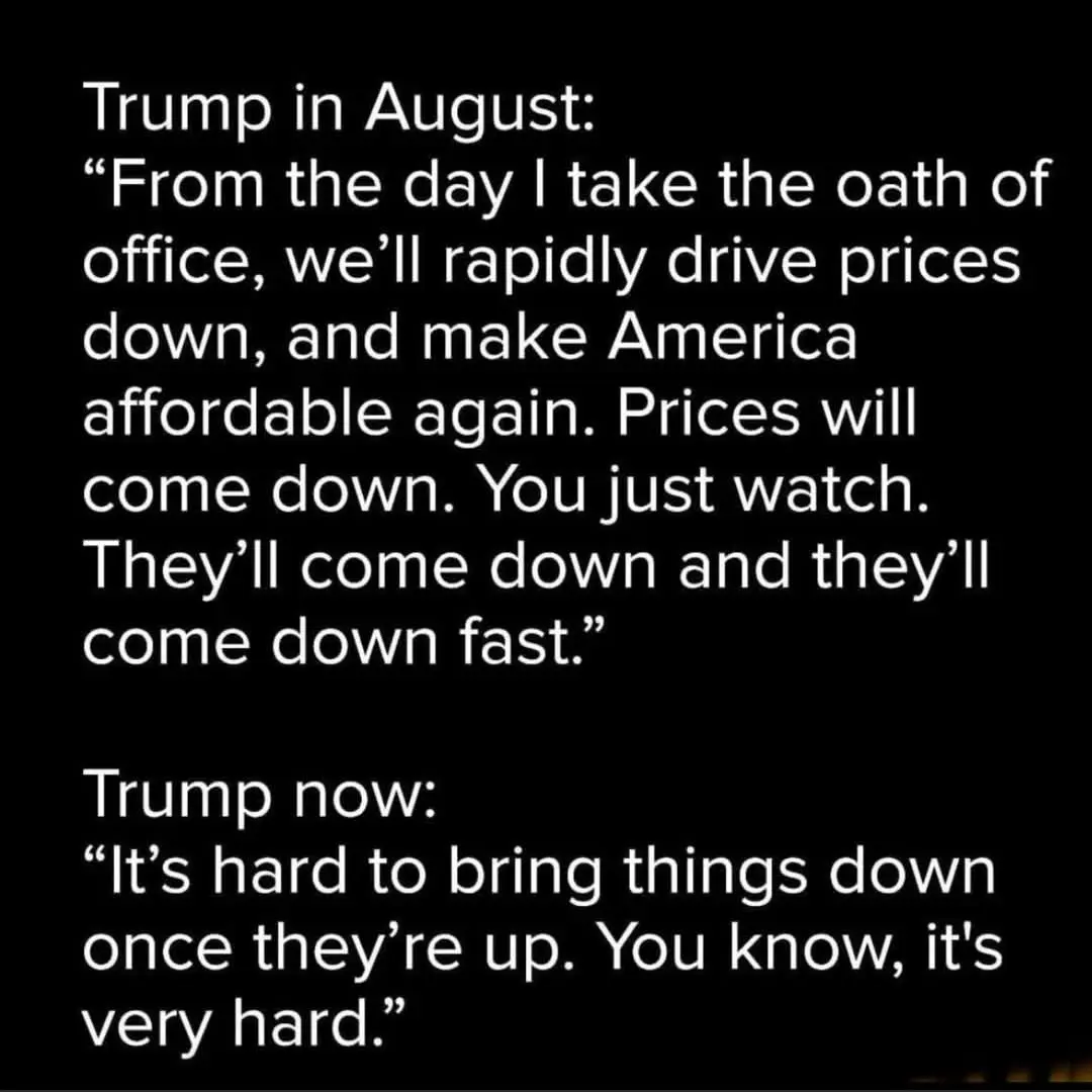 A black background with white text presents two contrasting quotes attributed to Trump: the first from August confidently…