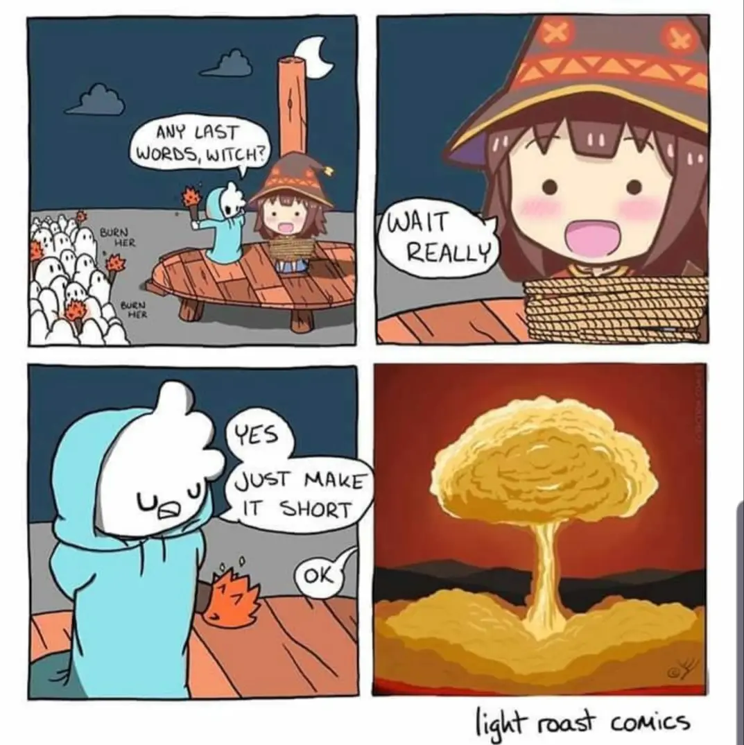 A four-panel comic shows a witch being asked for last words as she's about to be burned by a crowd of ghosts. She reacts…