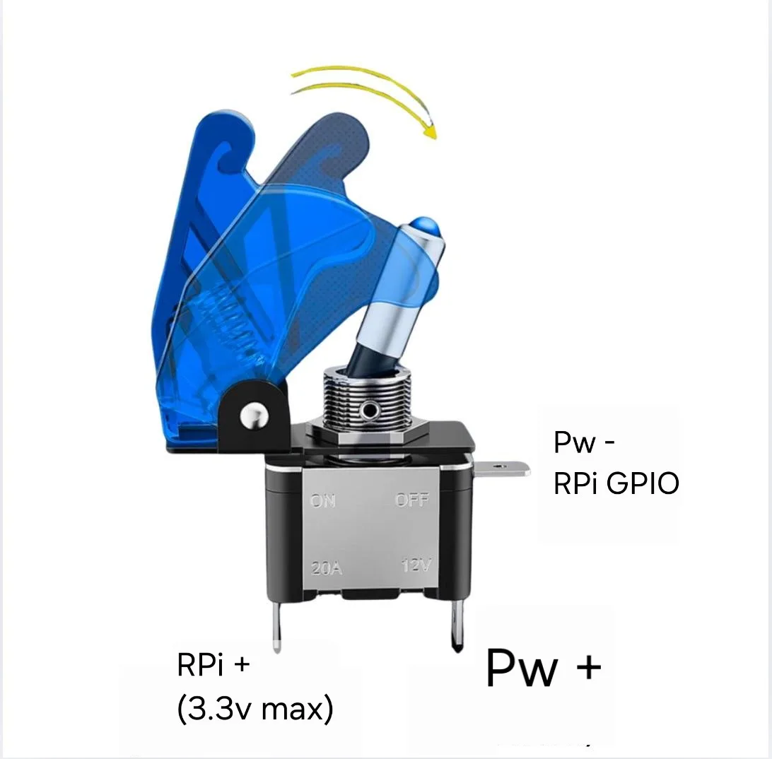 A diagram of a toggle switch with a blue plastic lever being flipped, labeled with electrical connections: 'Rpi + (3.3v…