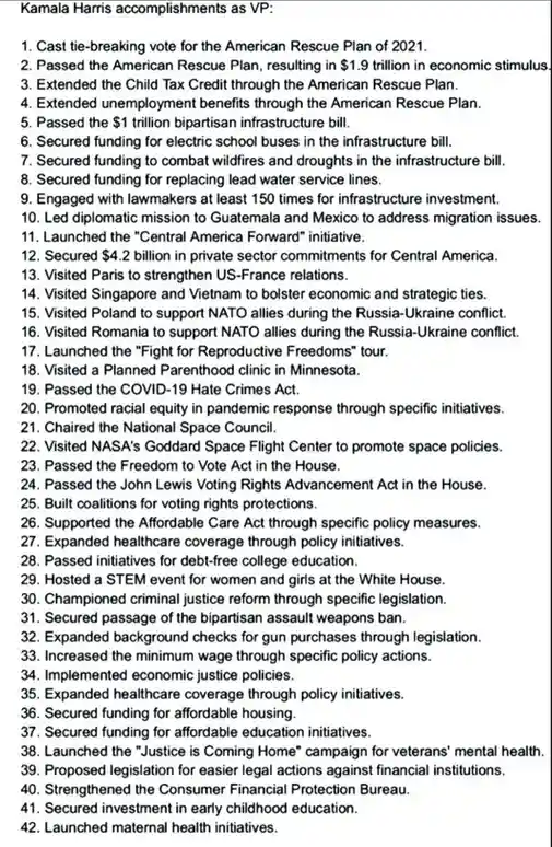 A white-background image lists 42 numbered accomplishments attributed to Kamala Harris as Vice President, including passing…