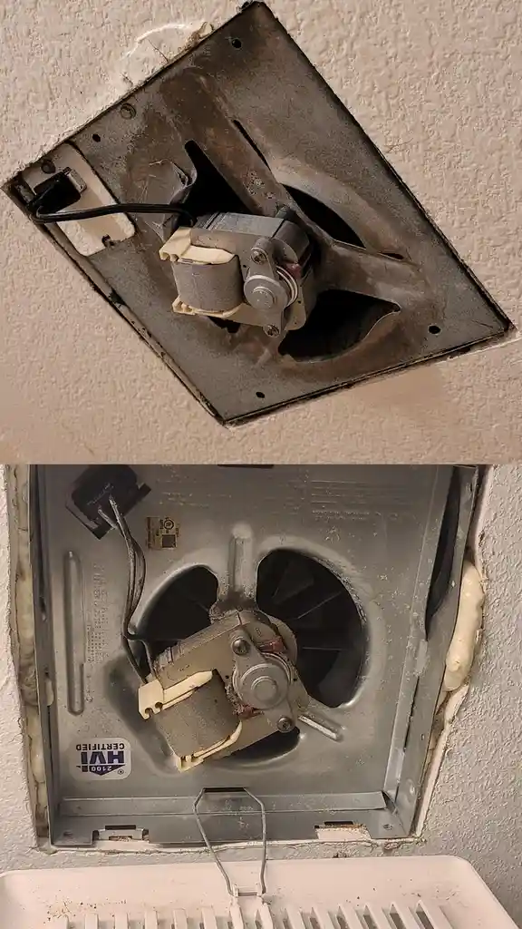 The image shows a split view of a ceiling fan motor before and after cleaning. The top panel displays a heavily dust-covered…