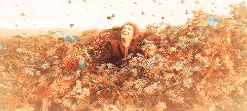 A woman with curly hair, wearing a brown jacket, is lying in a pile of autumn leaves and colorful butterflies, laughing…