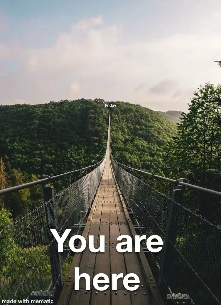 A wooden suspension bridge stretches across a lush green valley toward a distant hilltop labeled 'Friday'. Large white text…