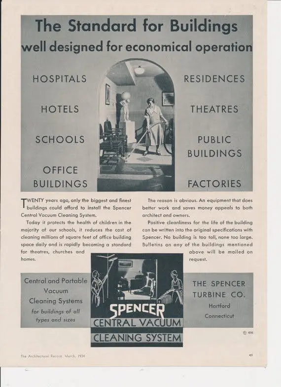 A vintage 1934 Spencer Central Vacuum Cleaning System advertisement shows a woman vacuuming in an arched doorway, surrounded…