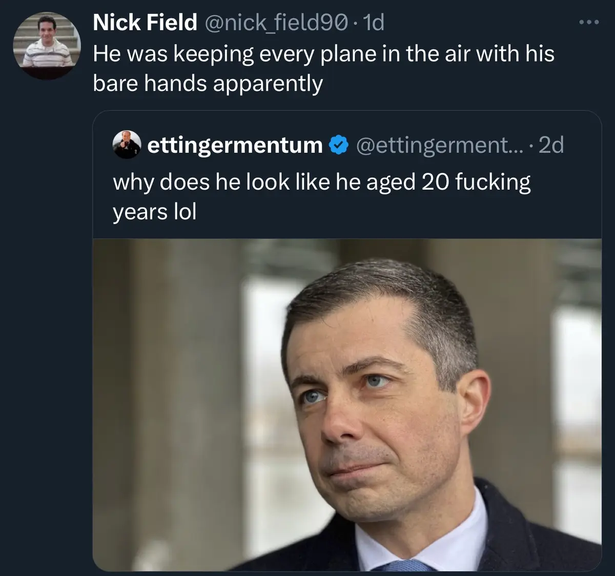 A screenshot of a Twitter thread shows a user commenting on a man's apparent physical aging, with the overlaid text reading…