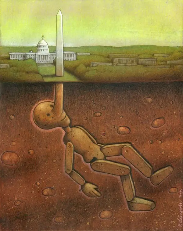 a painting split horizontally shows the washington monument and capitol building above ground, while a wooden puppet lies…