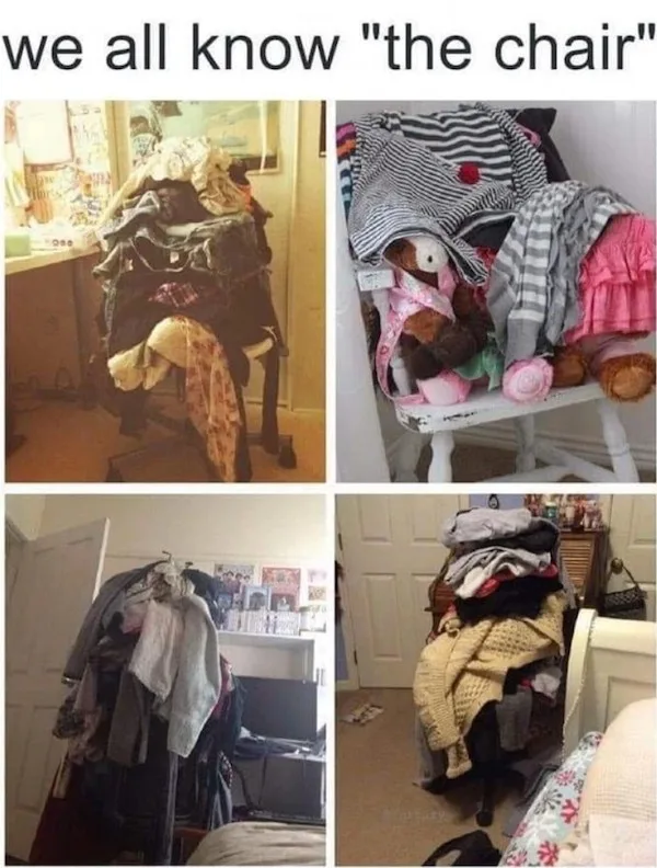 A four-panel collage shows various chairs heavily overloaded with clothes, blankets, stuffed animals, and other clutter…