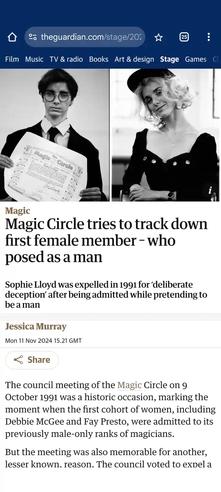 A black-and-white news article screenshot shows two photos: a young man in a suit holding a 'Magic Circle' certificate, and…