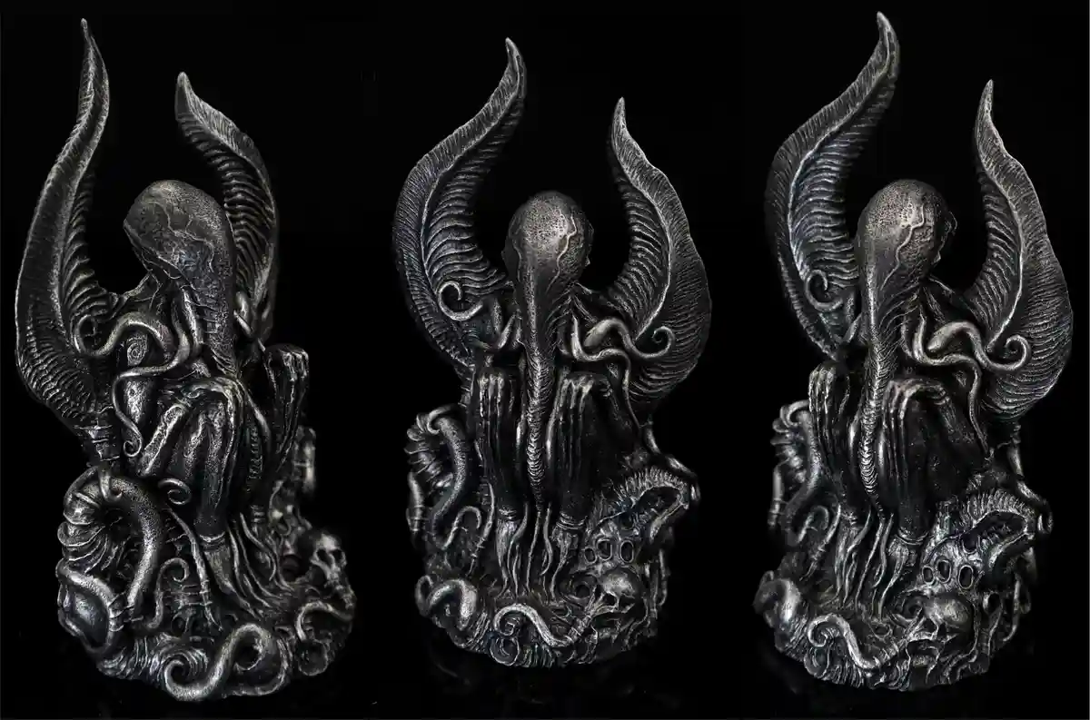 The image displays three views of a detailed, metallic statue of the cosmic entity Cthulhu, shown from left, front, and…