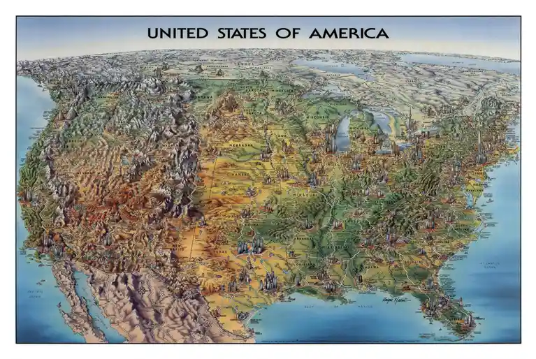 A detailed, colorful, illustrated map of the United States of America showing state boundaries, major cities, and…