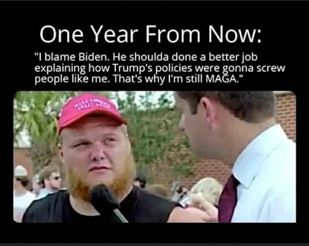 A man with a red beard and a red MAGA hat is being interviewed by a reporter in a white shirt and tie. The overlaid text…