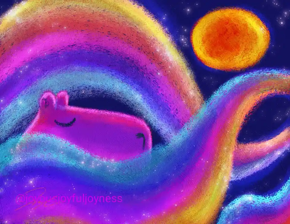 A vibrant, dreamlike painting shows a pink, smiling, cartoonish creature floating peacefully in a cosmic swirl of purple…