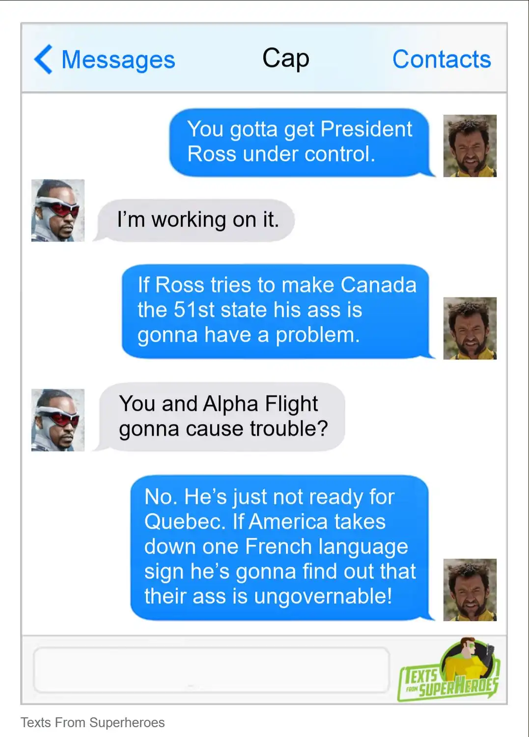 A screenshot of a fictional text message conversation between two superhero characters, identified by their profile pictures…