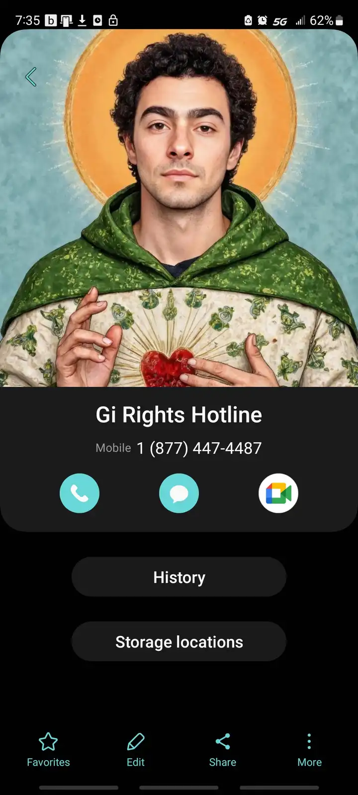 A phone contact screen displays a contact named 'Gi Rights Hotline' with the number 1 (877) 447-4487. The contact photo is a…